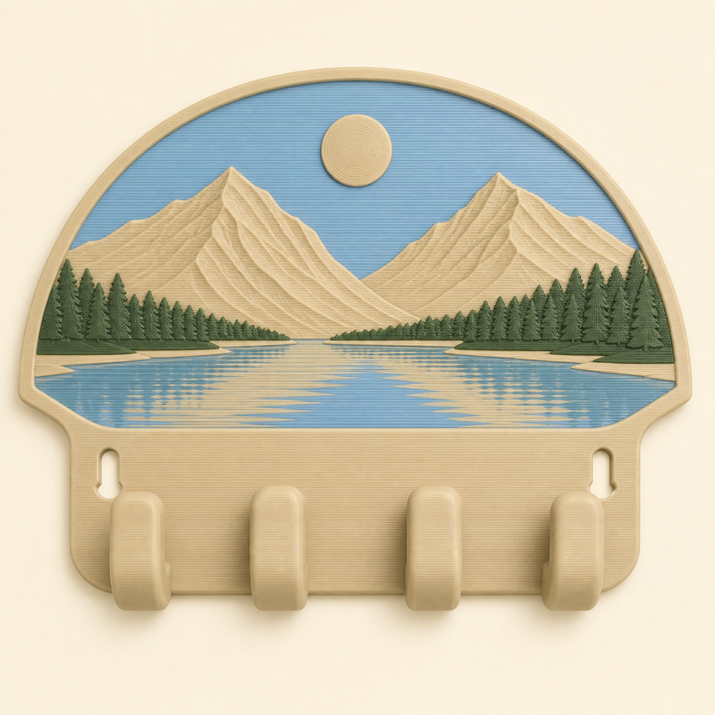 Alpine lake-key rack in 3D-printed PETG in sand beige, sky blue, dark green
