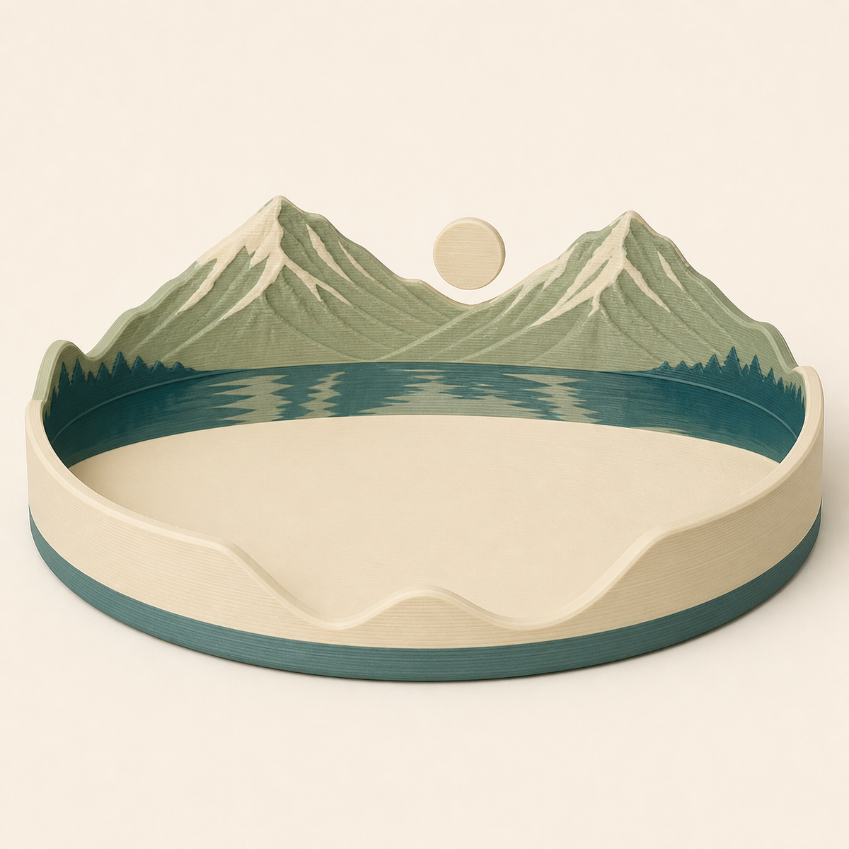 Alpine lake-jewellery dish mountain wreath from 3D-printed PETG in cream, teal, sage green