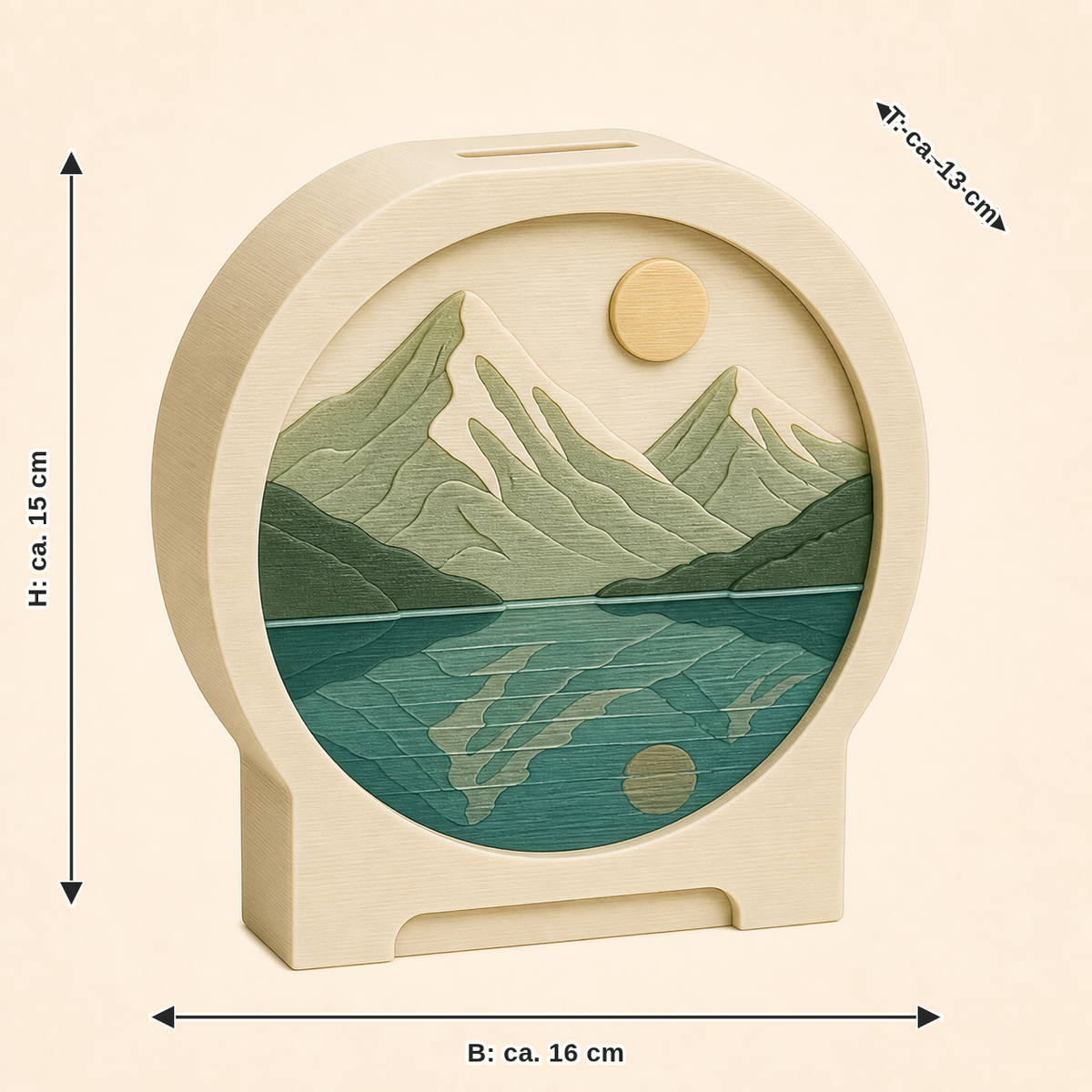Dimensional picture for Alpine lake-money box mountain window: width approx. 16 cm, depth approx. 13 cm, height approx. 15 cm