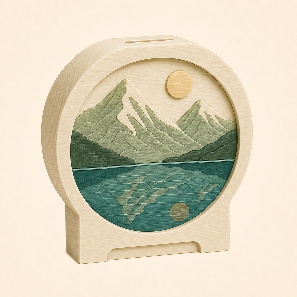 Alpine lake-money box in 3D printed PETG in cream, teal, sage green