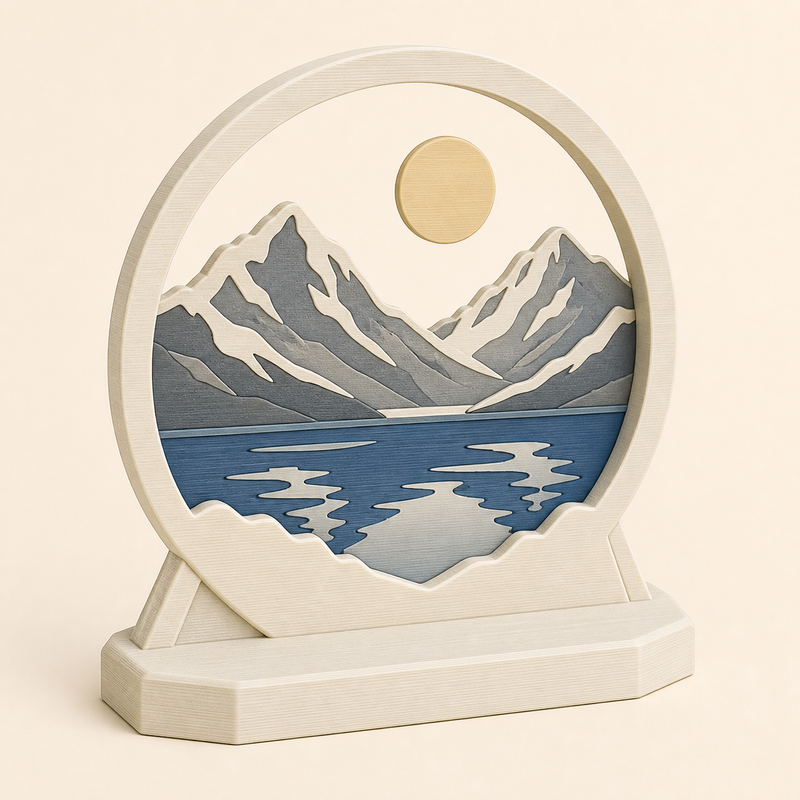 Alpensee-Tischaufsteller Abendsee aus 3D-gedrucktem PETG in Warmweiß, Seeblau, Steingrau