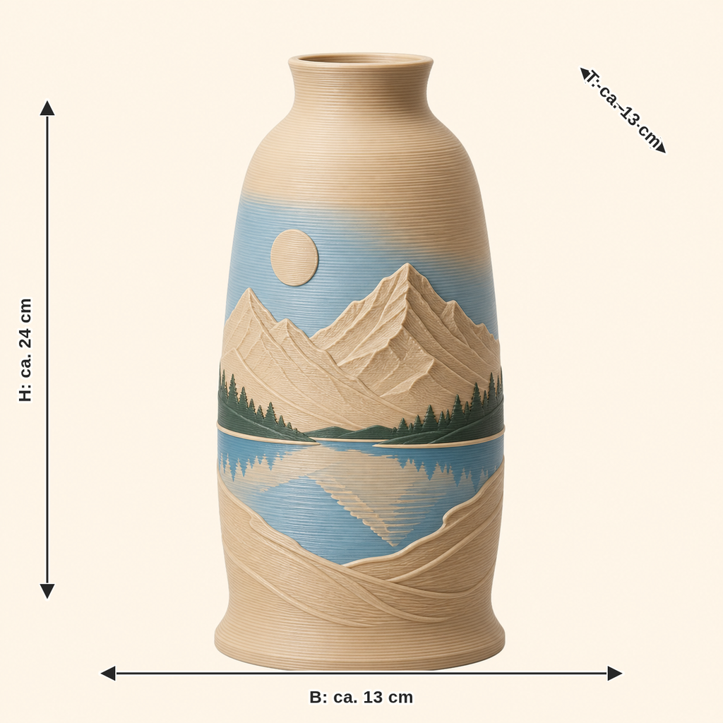 Maßbild für Alpensee-Trockenblumen-Vase Seeufer: Breite ca. 13 cm, Tiefe ca. 13 cm, Höhe ca. 24 cm