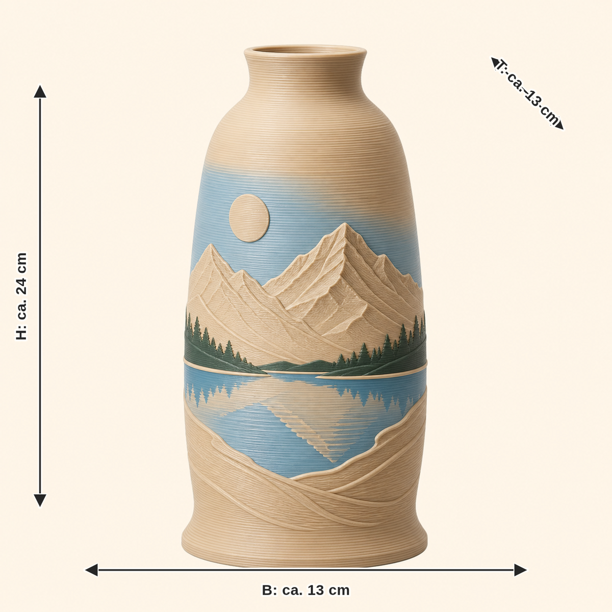 Maßbild für Alpensee-Trockenblumen-Vase Seeufer: Breite ca. 13 cm, Tiefe ca. 13 cm, Höhe ca. 24 cm