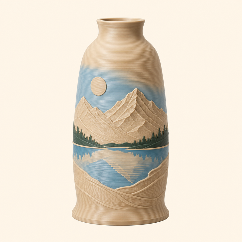 Alpensee-Trockenblumen-Vase Seeufer aus 3D-gedrucktem PETG in Sandbeige, Himmelblau, Dunkelgrün