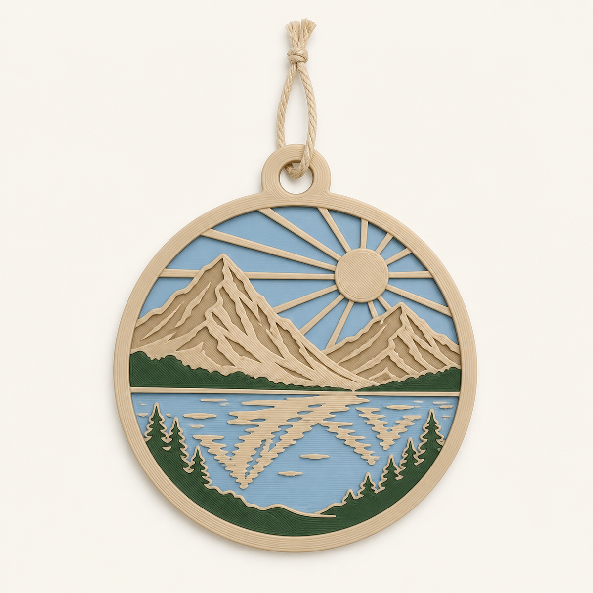 Alpine lake-door pendant in 3D printed PETG in sand beige, sky blue, dark green