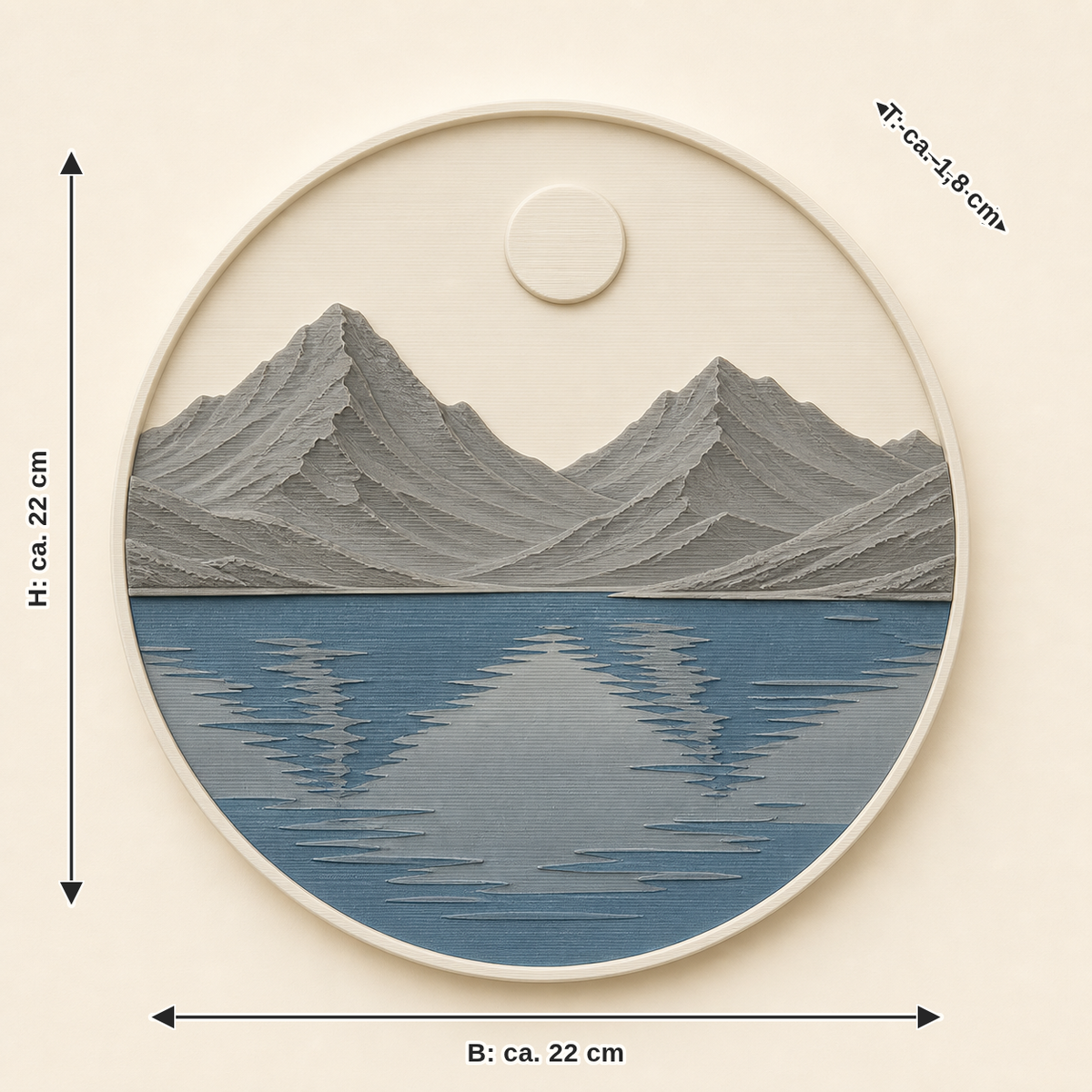 Measurement image for Alpine lake-wall relief mountain mirror: width approx. 22 cm, depth approx. 1.8 cm, height approx. 22 cm