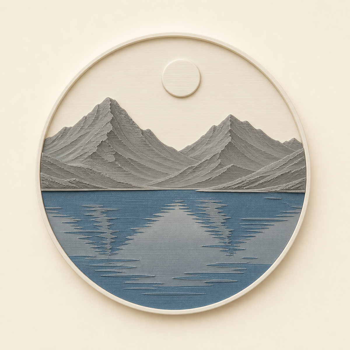 Alpine lake-wall relief mountain mirror in 3D-printed PETG in warm white, Sea blue, stone grey