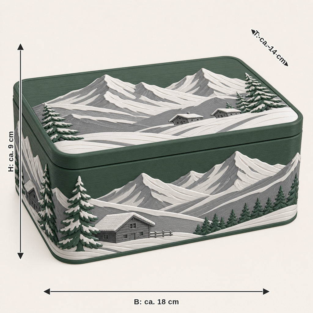 Dimensional picture for Alpine winter storage box Cabin box: width approx. 18 cm, depth approx. 14 cm, height approx. 9 cm