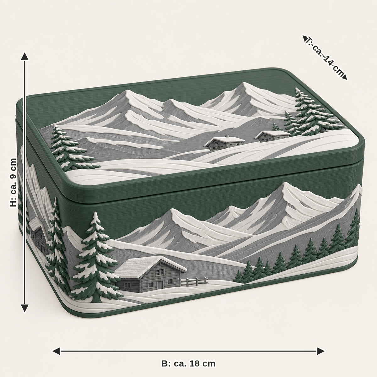 Maßbild für Alpenwinter-Aufbewahrungsbox Hüttenbox: Breite ca. 18 cm, Tiefe ca. 14 cm, Höhe ca. 9 cm