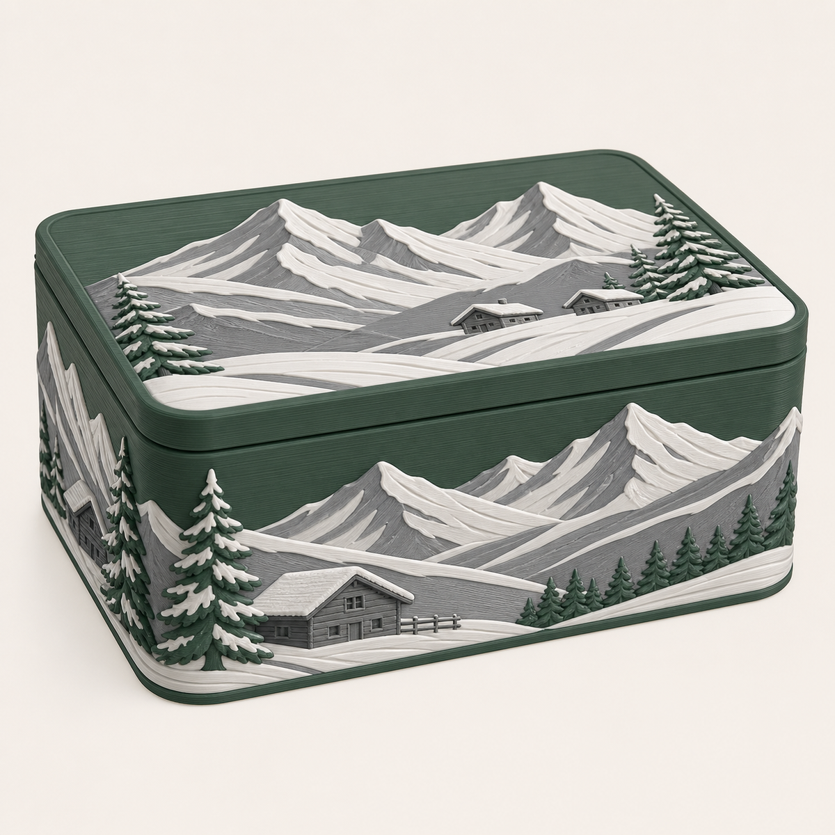 Alpenwinter-Aufbewahrungsbox Hüttenbox aus 3D-gedrucktem PETG in Tannengrün, Schneeweiß, Steingrau