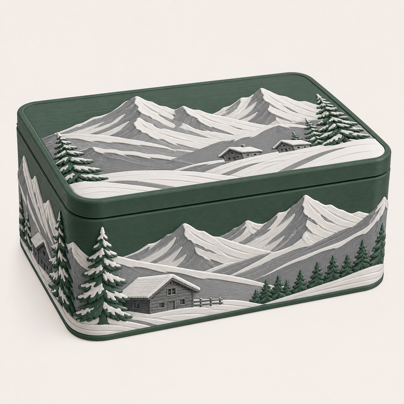 Alpine winter storage box in 3D printed PETG in pine green, snow white, stone grey