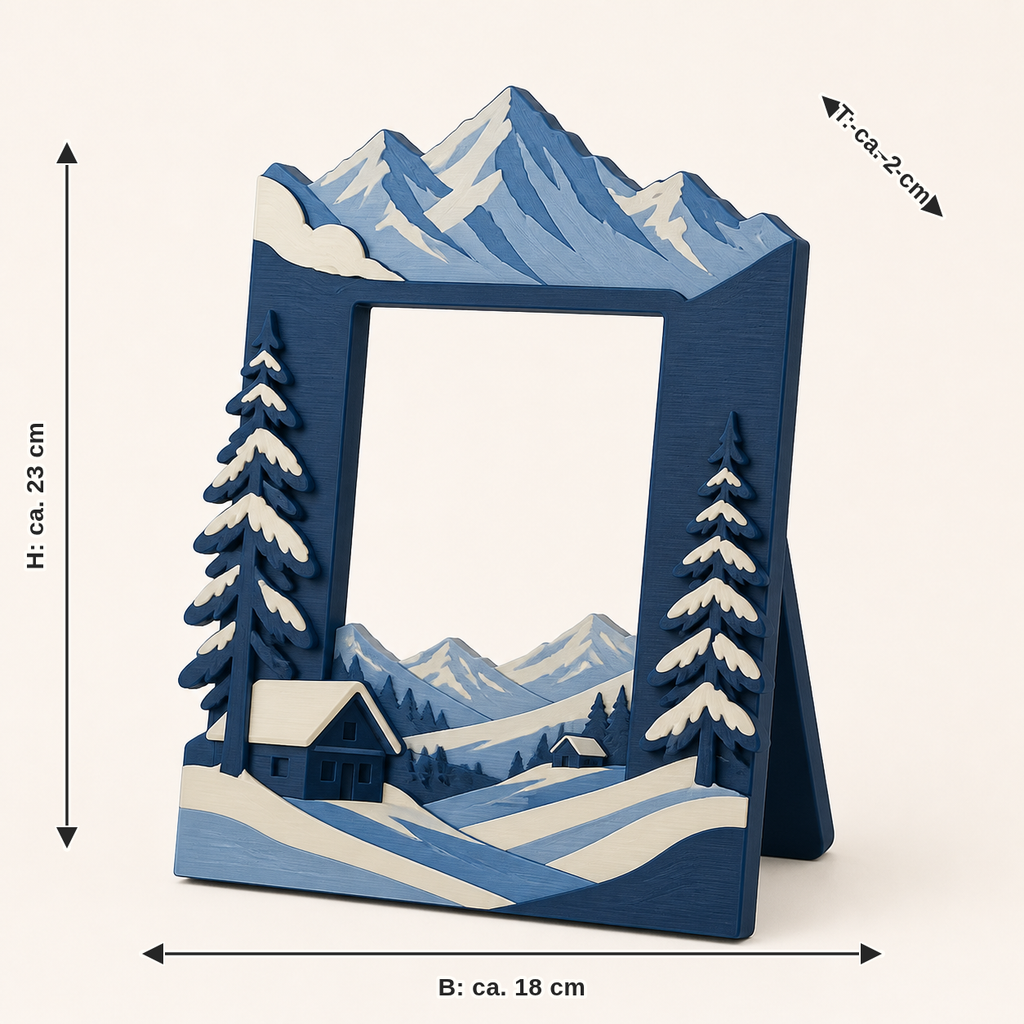 Dimensional image for Alpine winter-photo frame Mountain portal: width approx. 18 cm, depth approx. 2 cm, height approx. 23 cm