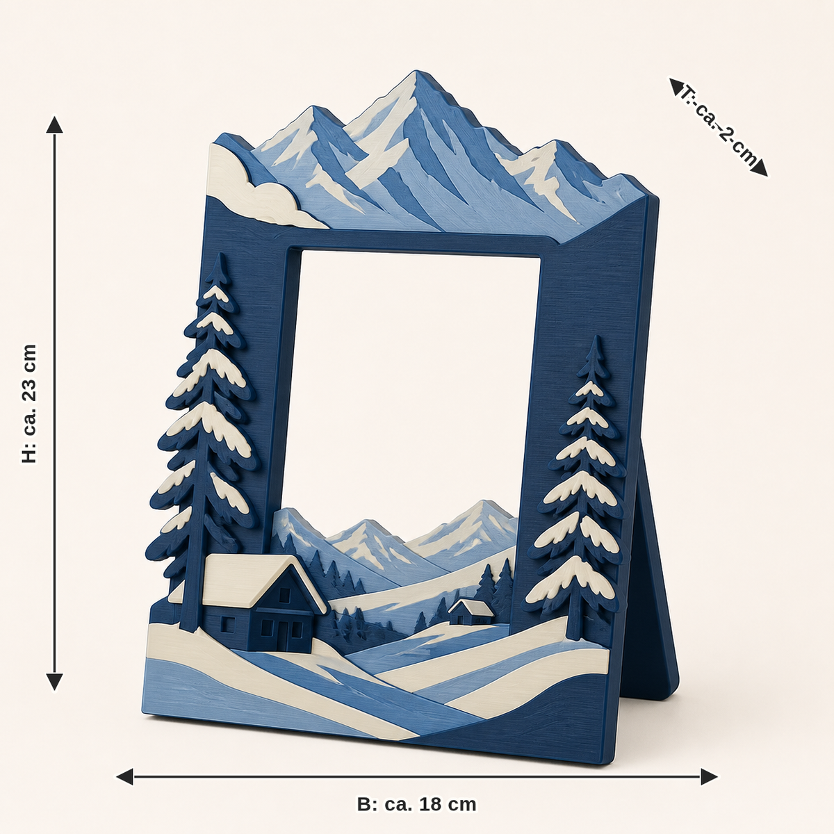 Maßbild für Alpenwinter-Bilderrahmen Bergportal: Breite ca. 18 cm, Tiefe ca. 2 cm, Höhe ca. 23 cm