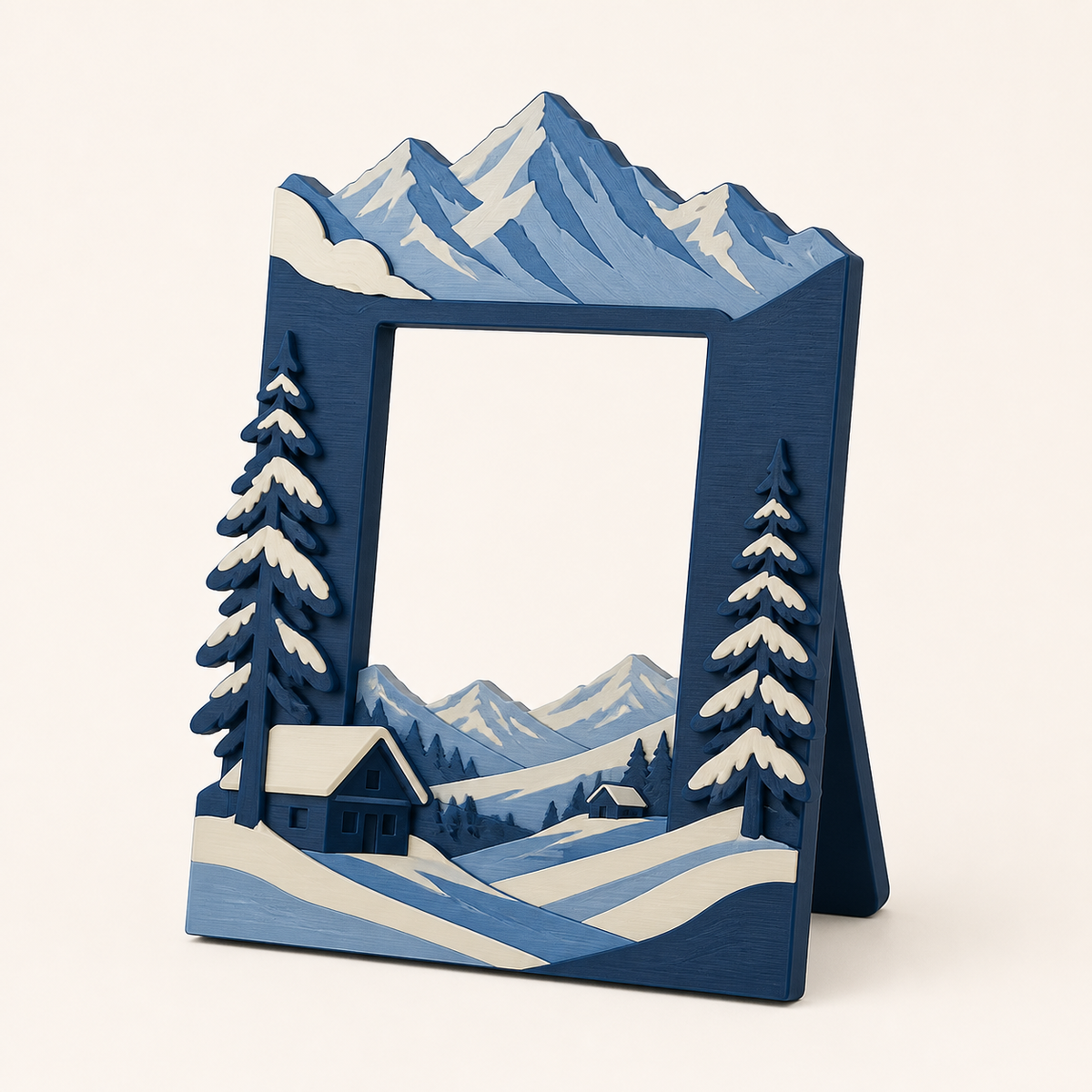 Alpenwinter-Bilderrahmen Bergportal aus 3D-gedrucktem PETG in Nachtblau, Eisblau, Creme