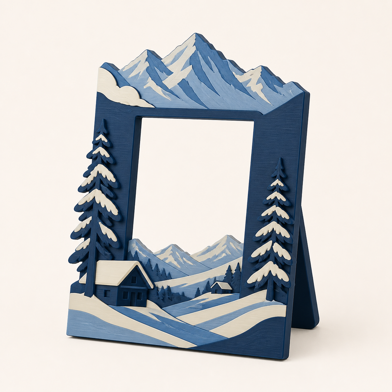 Alpine winter-photo frame mountain portal in 3D-printed PETG in night blue, ice blue, cream