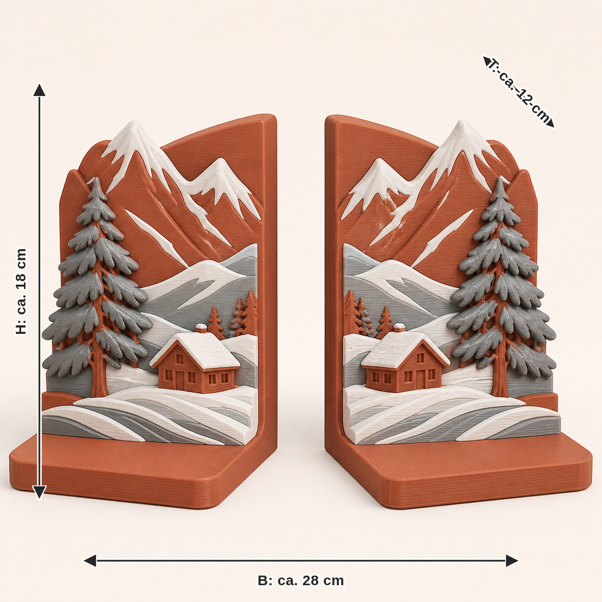 Maßbild für Alpenwinter-Buchstützen-Paar Doppelgipfel: Breite ca. 28 cm, Tiefe ca. 12 cm, Höhe ca. 18 cm