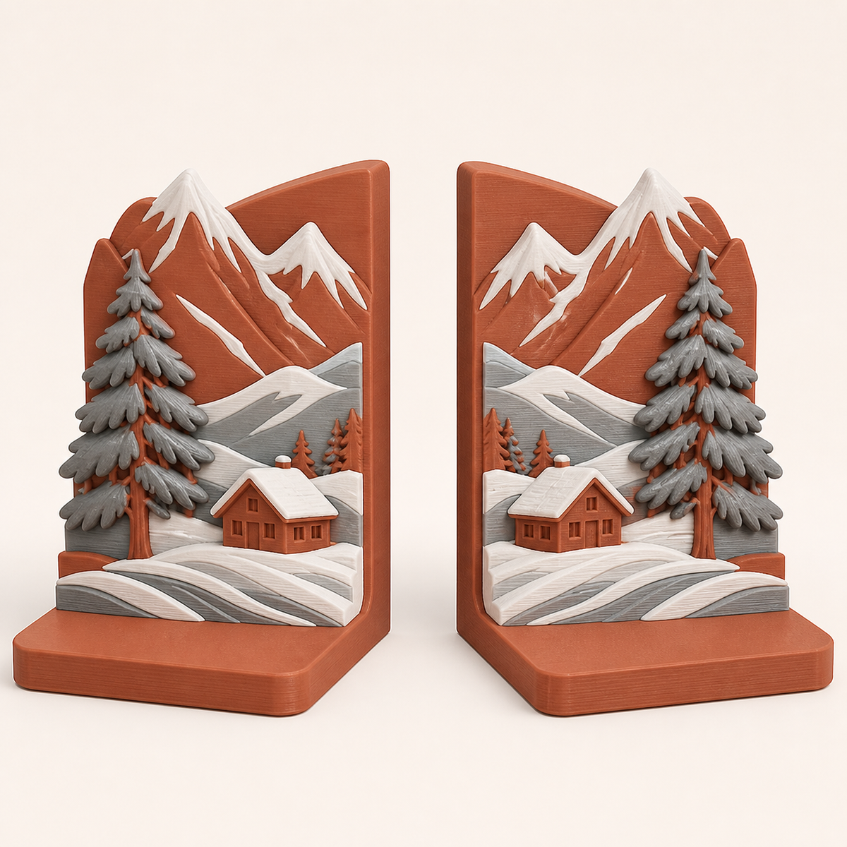 Alpenwinter-Buchstützen-Paar Doppelgipfel aus 3D-gedrucktem PETG in Terrakotta, Silbergrau, Frostweiß