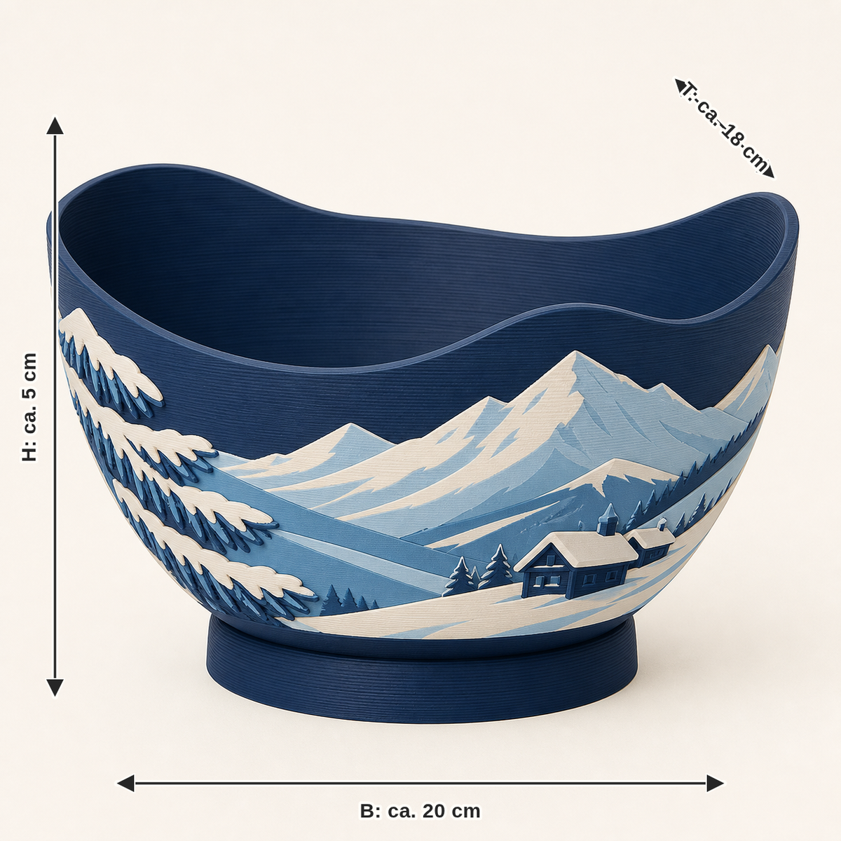 Maßbild für Alpenwinter-Dekoschale Almmulde: Breite ca. 20 cm, Tiefe ca. 18 cm, Höhe ca. 5 cm