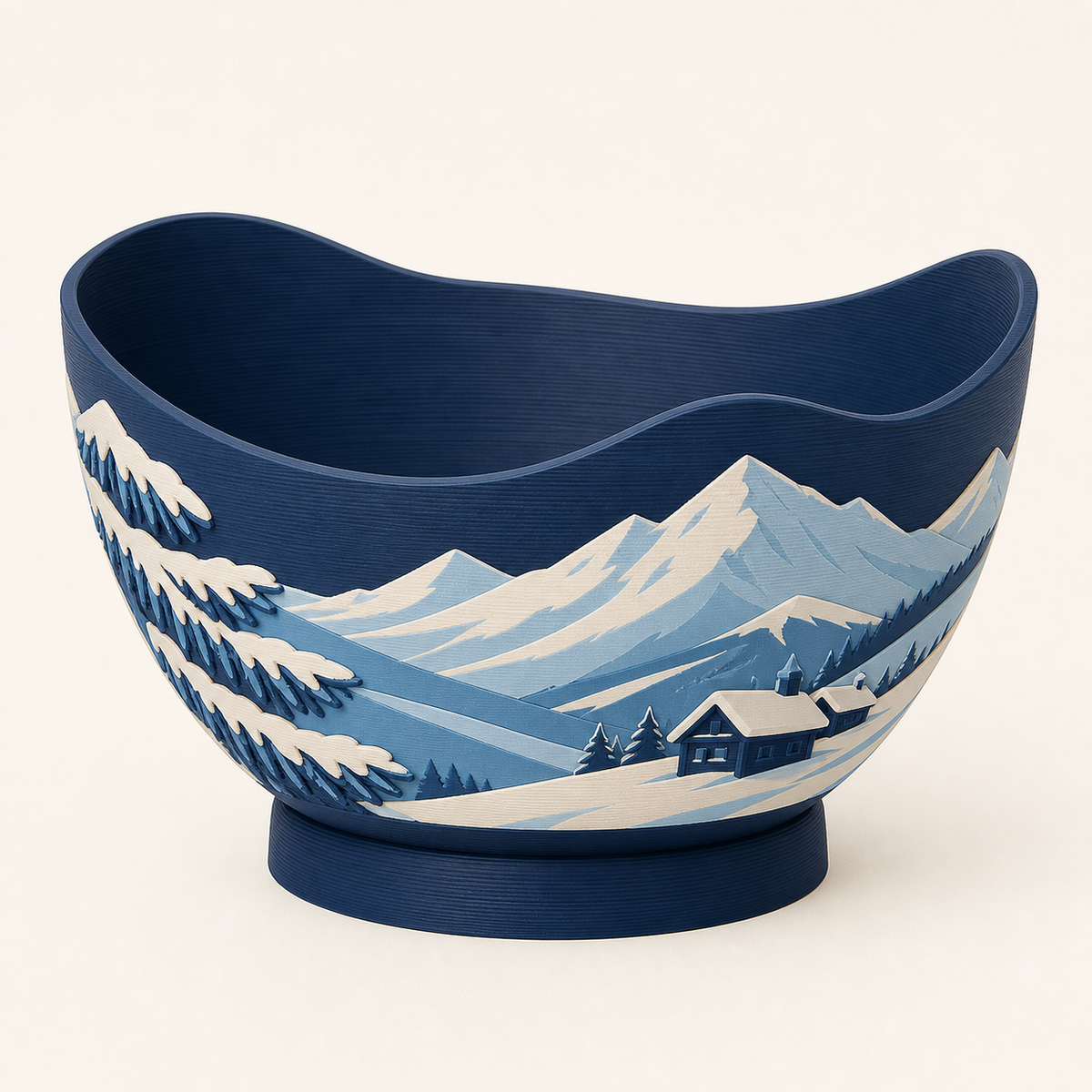 Alpenwinter-Dekoschale Almmulde aus 3D-gedrucktem PETG in Nachtblau, Eisblau, Creme