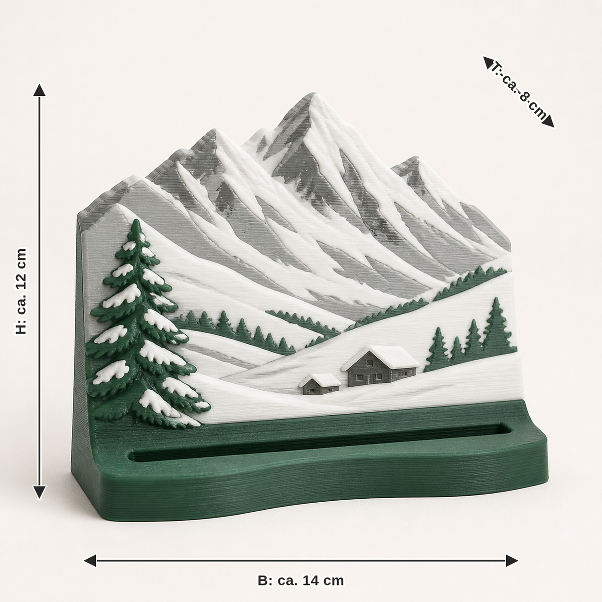 Maßbild für Alpenwinter-Fotohalter Almpunkt: Breite ca. 14 cm, Tiefe ca. 8 cm, Höhe ca. 12 cm