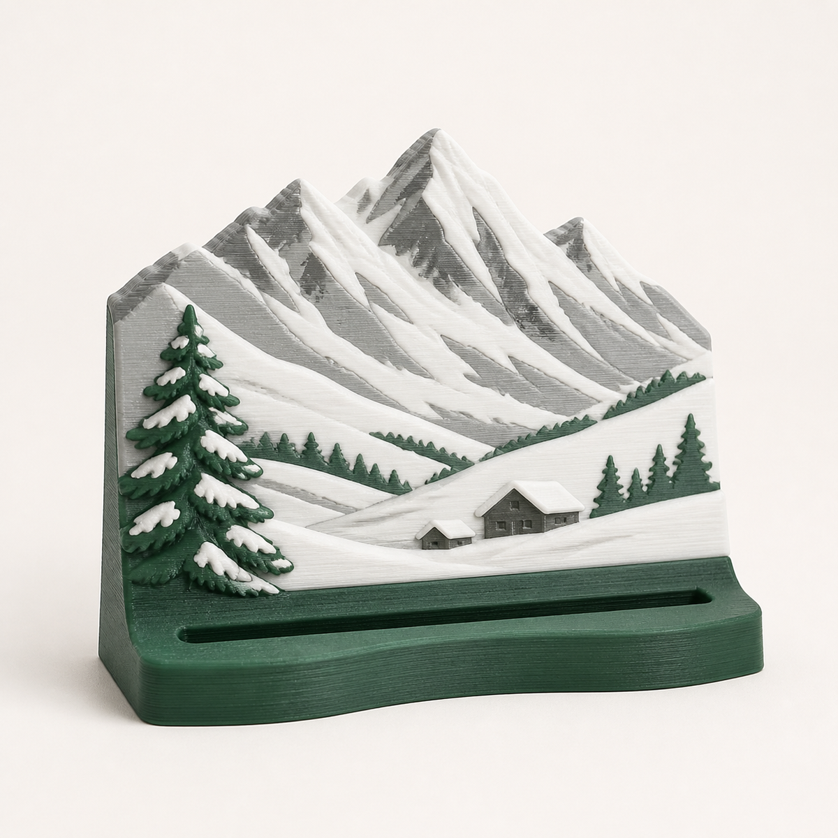 Alpenwinter-Fotohalter Almpunkt aus 3D-gedrucktem PETG in Tannengrün, Schneeweiß, Steingrau