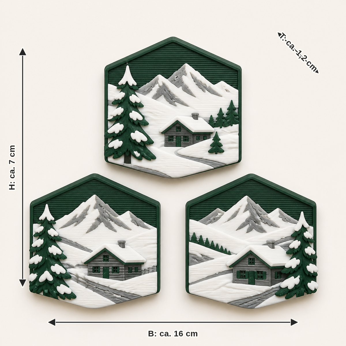Maßbild für Alpenwinter-Magnet-Set Hütten-Trio: Breite ca. 16 cm, Tiefe ca. 1.2 cm, Höhe ca. 7 cm