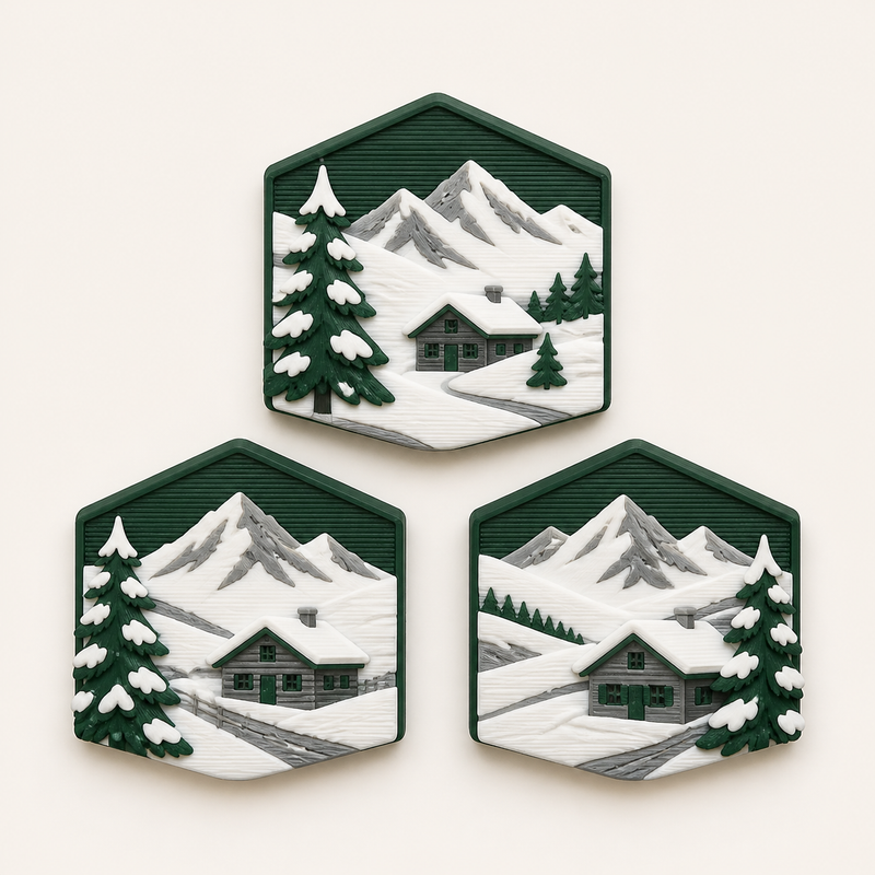 Alpenwinter-Magnet-Set Hütten-Trio aus 3D-gedrucktem PETG in Tannengrün, Schneeweiß, Steingrau