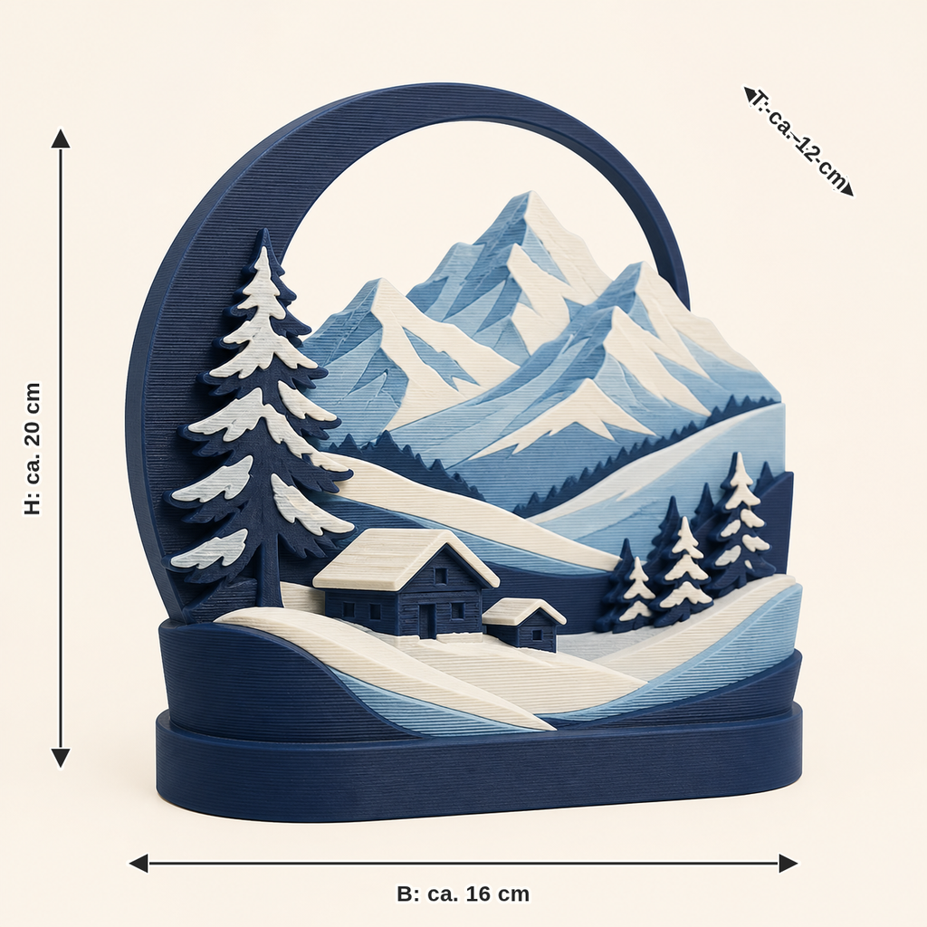 Maßbild für Alpenwinter-Mini-Skulptur Winteralm: Breite ca. 16 cm, Tiefe ca. 12 cm, Höhe ca. 20 cm