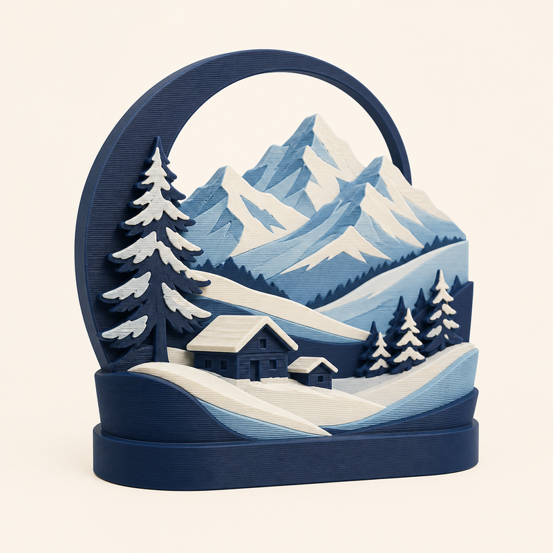 Alpenwinter-Mini-Skulptur Winteralm aus 3D-gedrucktem PETG in Nachtblau, Eisblau, Creme