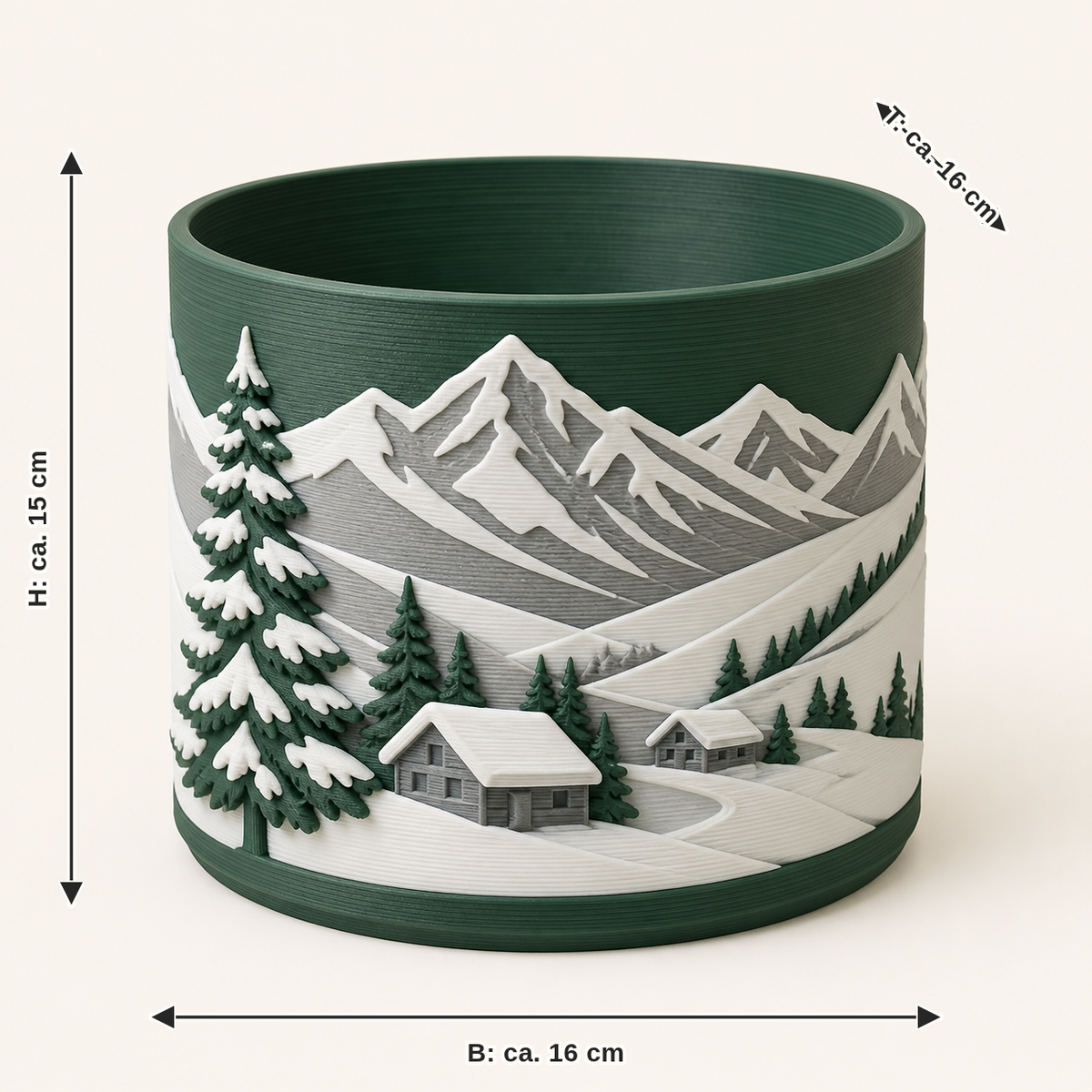 Maßbild für Alpenwinter-Pflanzübertopf Bergtopf: Breite ca. 16 cm, Tiefe ca. 16 cm, Höhe ca. 15 cm