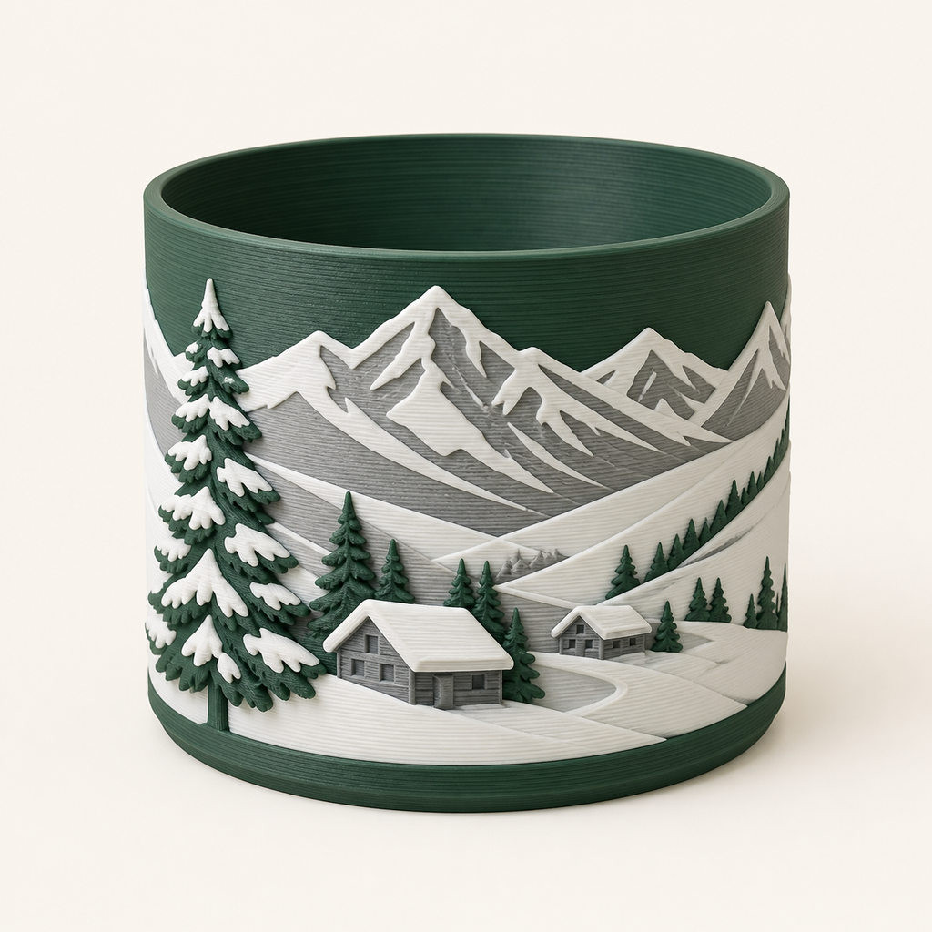 Alpine winter planter mountain pot made of 3D-printed PETG in fir green, snow white, stone grey