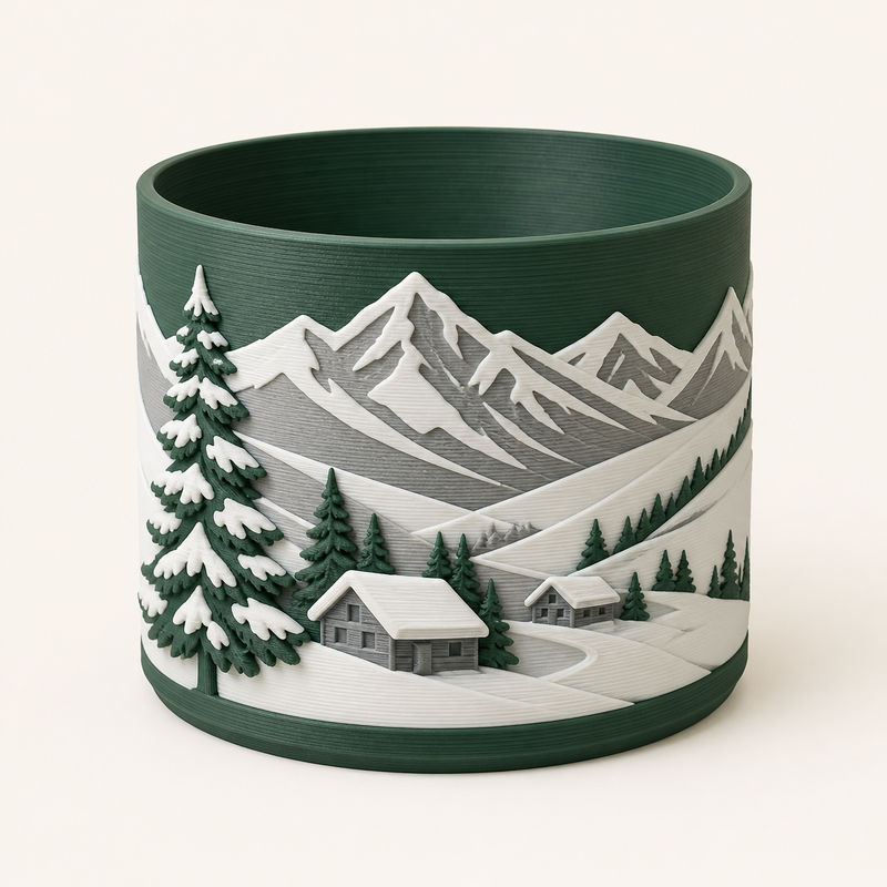Alpine winter planter mountain pot made of 3D-printed PETG in fir green, snow white, stone grey
