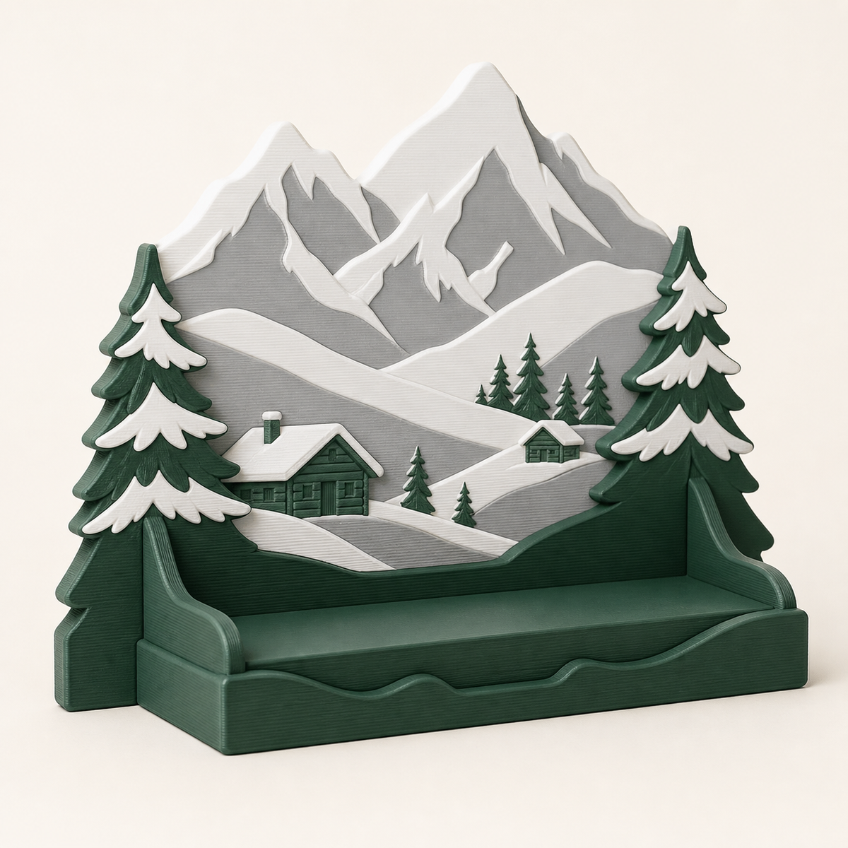 Alpenwinter-Präsentationsständer Bergbühne aus 3D-gedrucktem PETG in Tannengrün, Schneeweiß, Steingrau