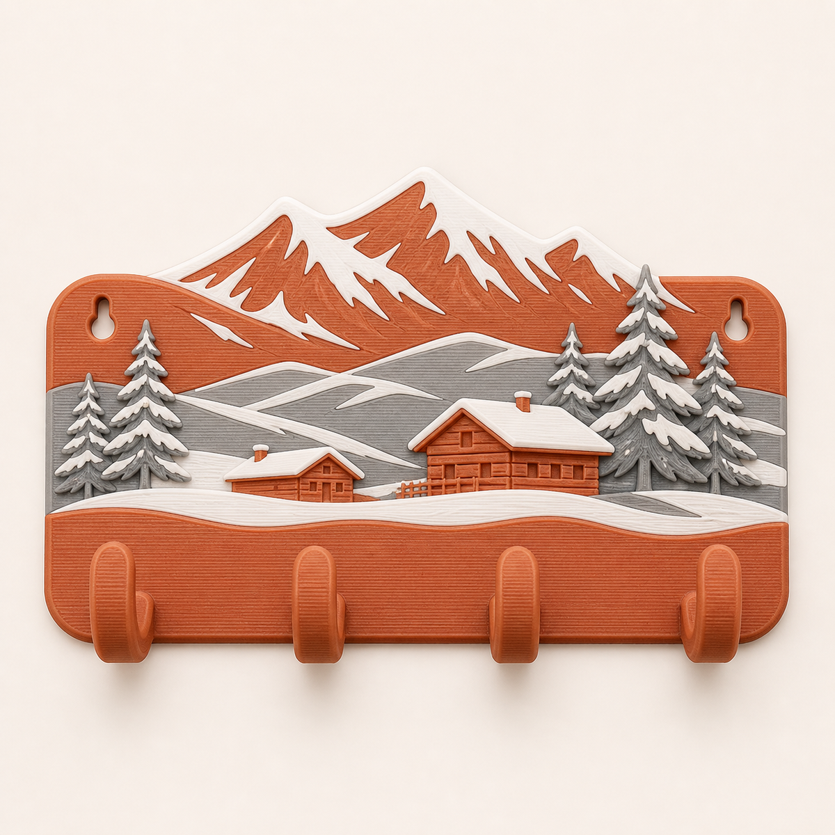 Alpenwinter-Schlüsselbrett Almhaken aus 3D-gedrucktem PETG in Terrakotta, Silbergrau, Frostweiß