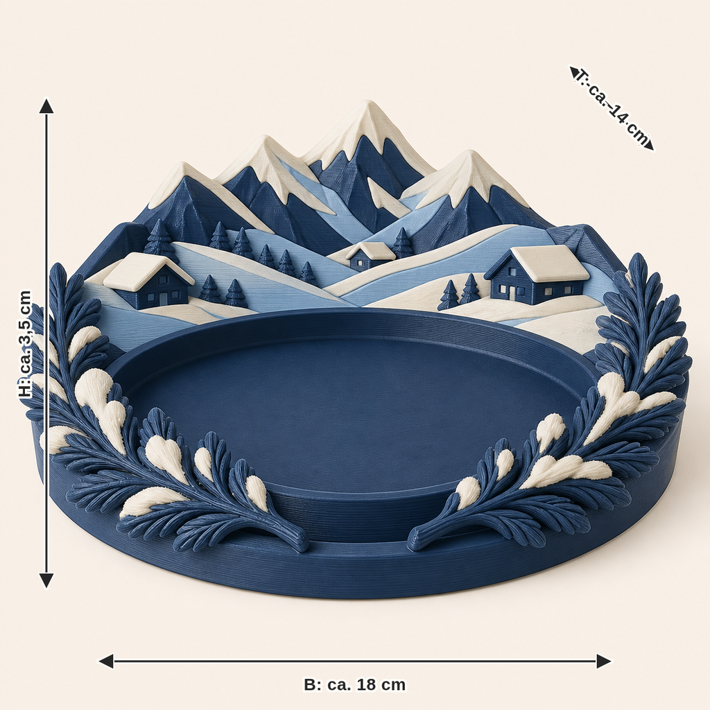 Maßbild für Alpenwinter-Schmuckschale Schneekranz: Breite ca. 18 cm, Tiefe ca. 14 cm, Höhe ca. 3.5 cm