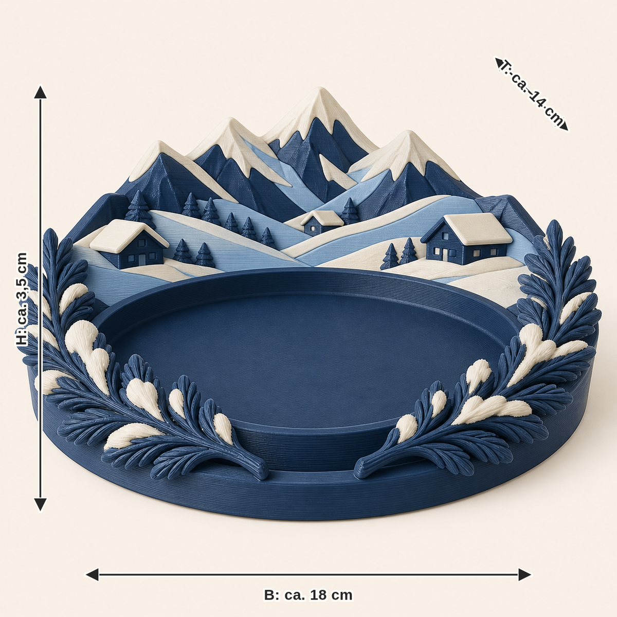 Maßbild für Alpenwinter-Schmuckschale Schneekranz: Breite ca. 18 cm, Tiefe ca. 14 cm, Höhe ca. 3.5 cm