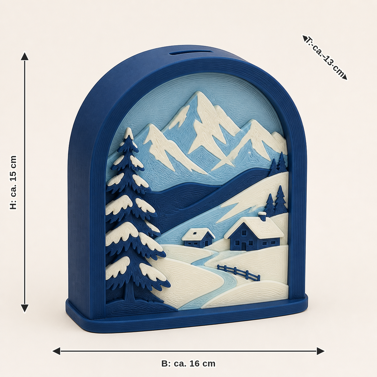 Maßbild für Alpenwinter-Sparbüchse Gipfelfenster: Breite ca. 16 cm, Tiefe ca. 13 cm, Höhe ca. 15 cm