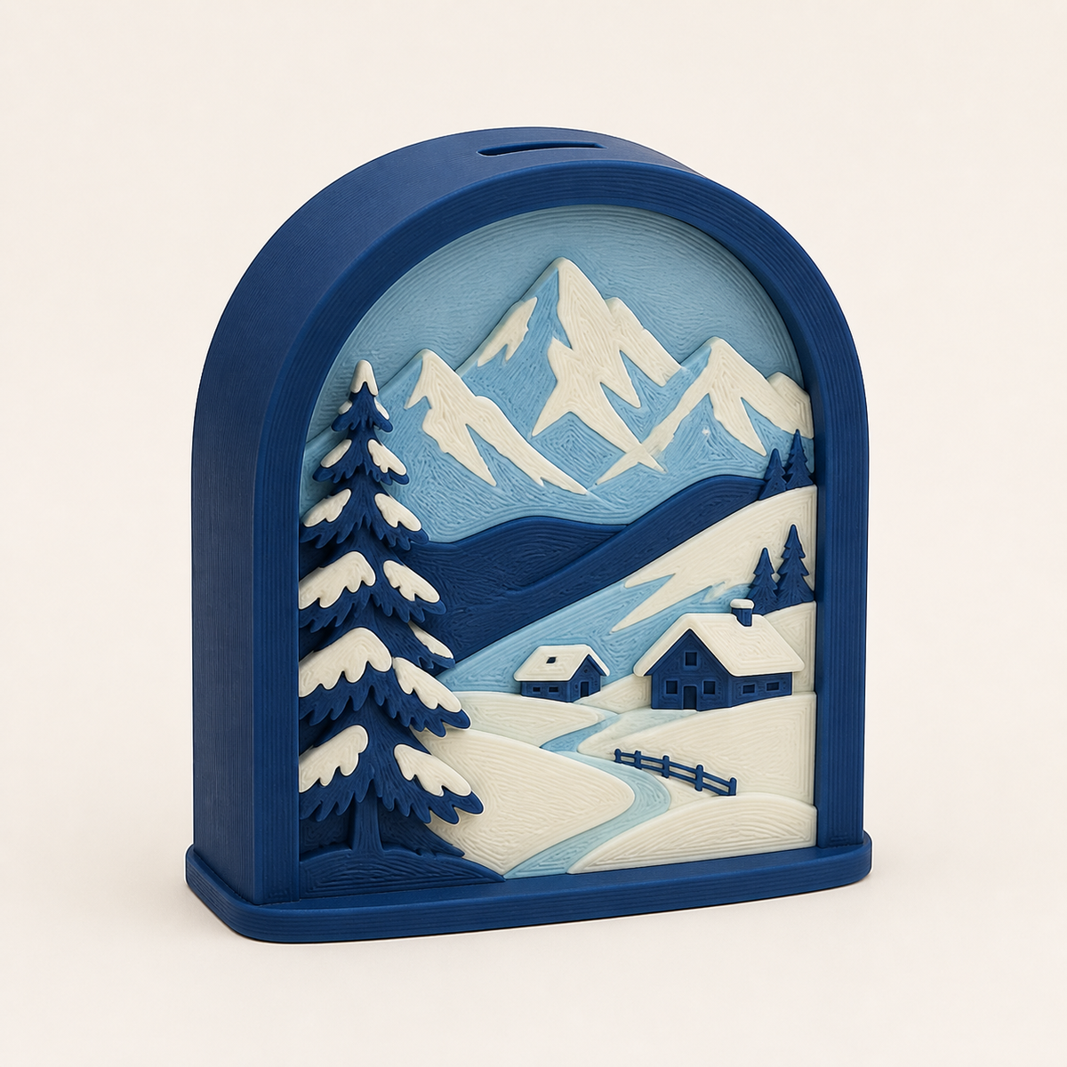 Alpenwinter-Sparbüchse Gipfelfenster aus 3D-gedrucktem PETG in Nachtblau, Eisblau, Creme