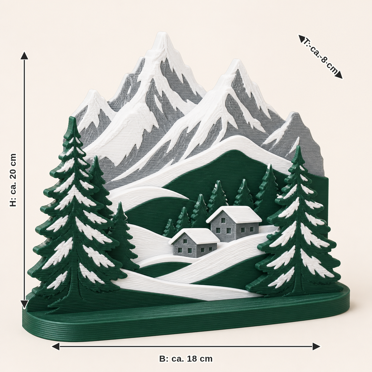 Maßbild für Alpenwinter-Tischaufsteller Wintergipfel: Breite ca. 18 cm, Tiefe ca. 8 cm, Höhe ca. 20 cm