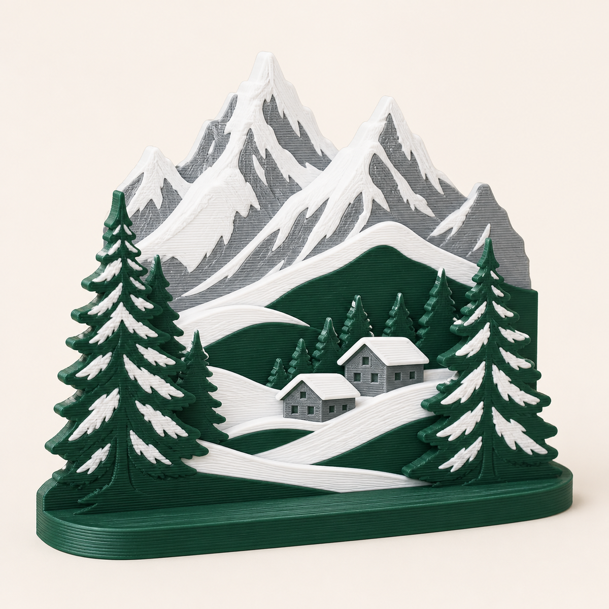 Alpenwinter-Tischaufsteller Wintergipfel aus 3D-gedrucktem PETG in Tannengrün, Schneeweiß, Steingrau