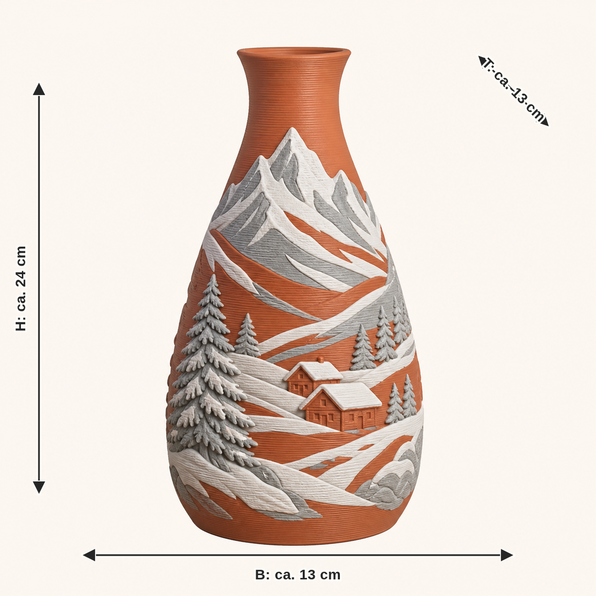 Maßbild für Alpenwinter-Trockenblumen-Vase Gipfelstiel: Breite ca. 13 cm, Tiefe ca. 13 cm, Höhe ca. 24 cm