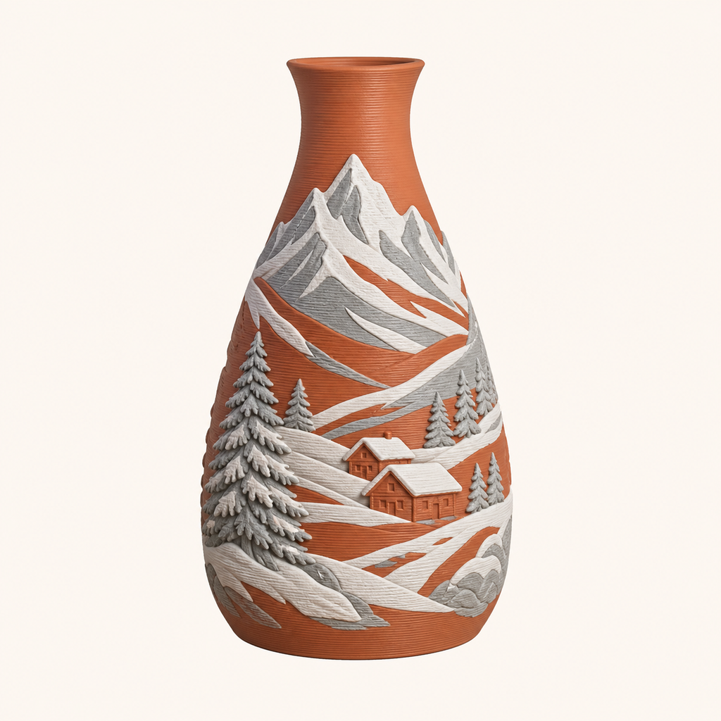 Alpine winter-dried flowers-Vase Gipfelstiel in 3D-printed PETG in terracotta, silver grey, Frost white
