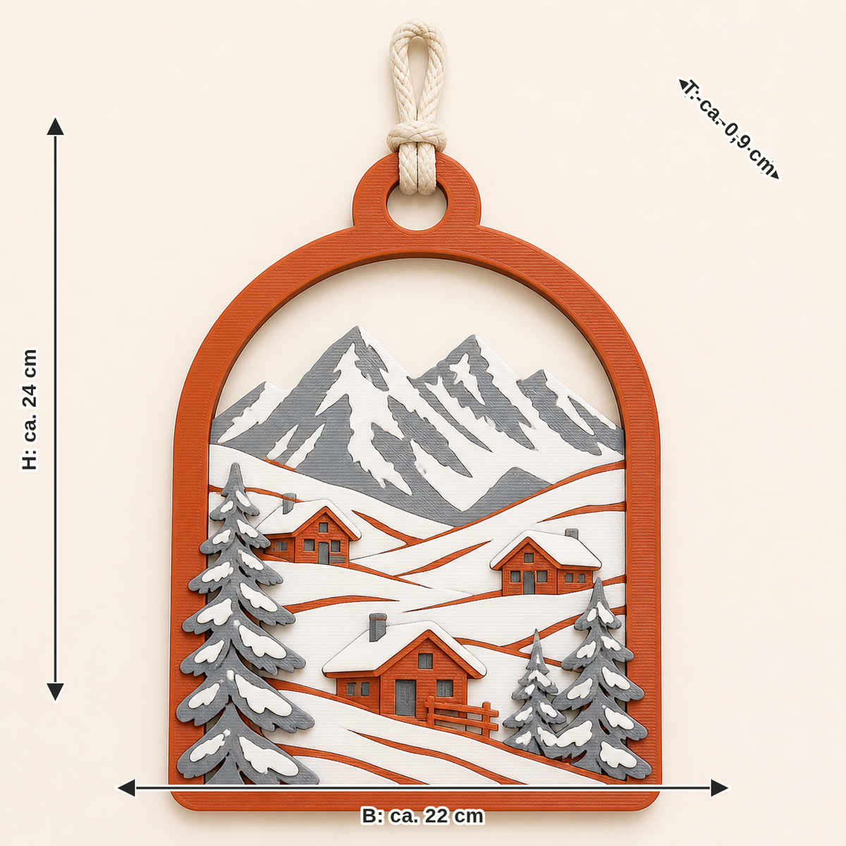 Maßbild für Alpenwinter-Türhänger Almbogen: Breite ca. 22 cm, Tiefe ca. 0.9 cm, Höhe ca. 24 cm