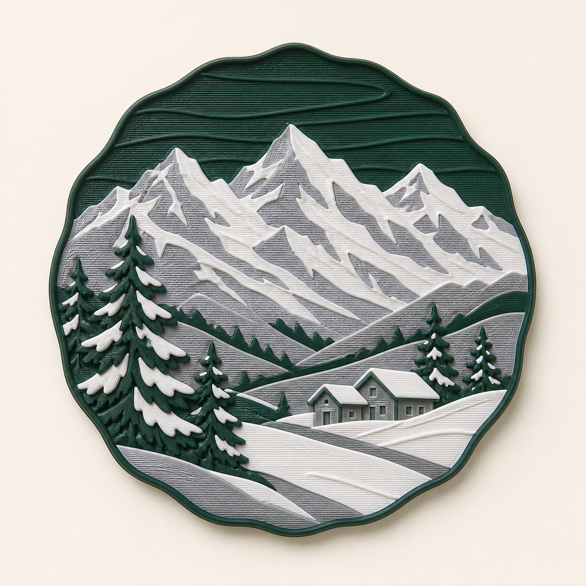 Alpenwinter-Wandrelief Gipfelkranz aus 3D-gedrucktem PETG in Tannengrün, Schneeweiß, Steingrau