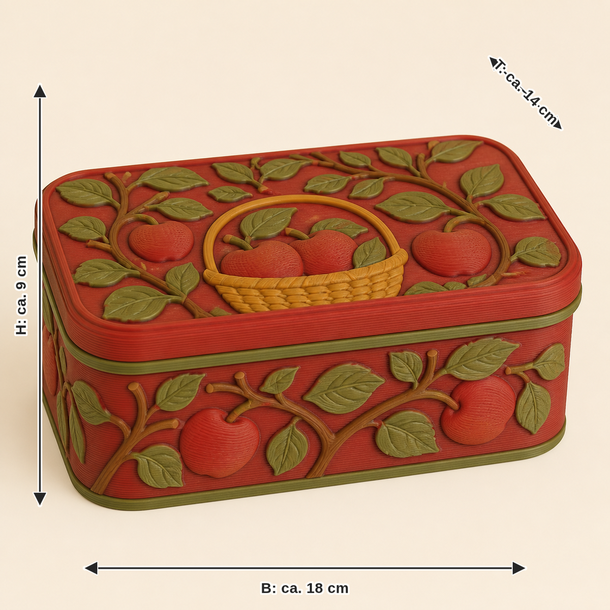 Maßbild für Apfel-Aufbewahrungsbox Obstbox: Breite ca. 18 cm, Tiefe ca. 14 cm, Höhe ca. 9 cm
