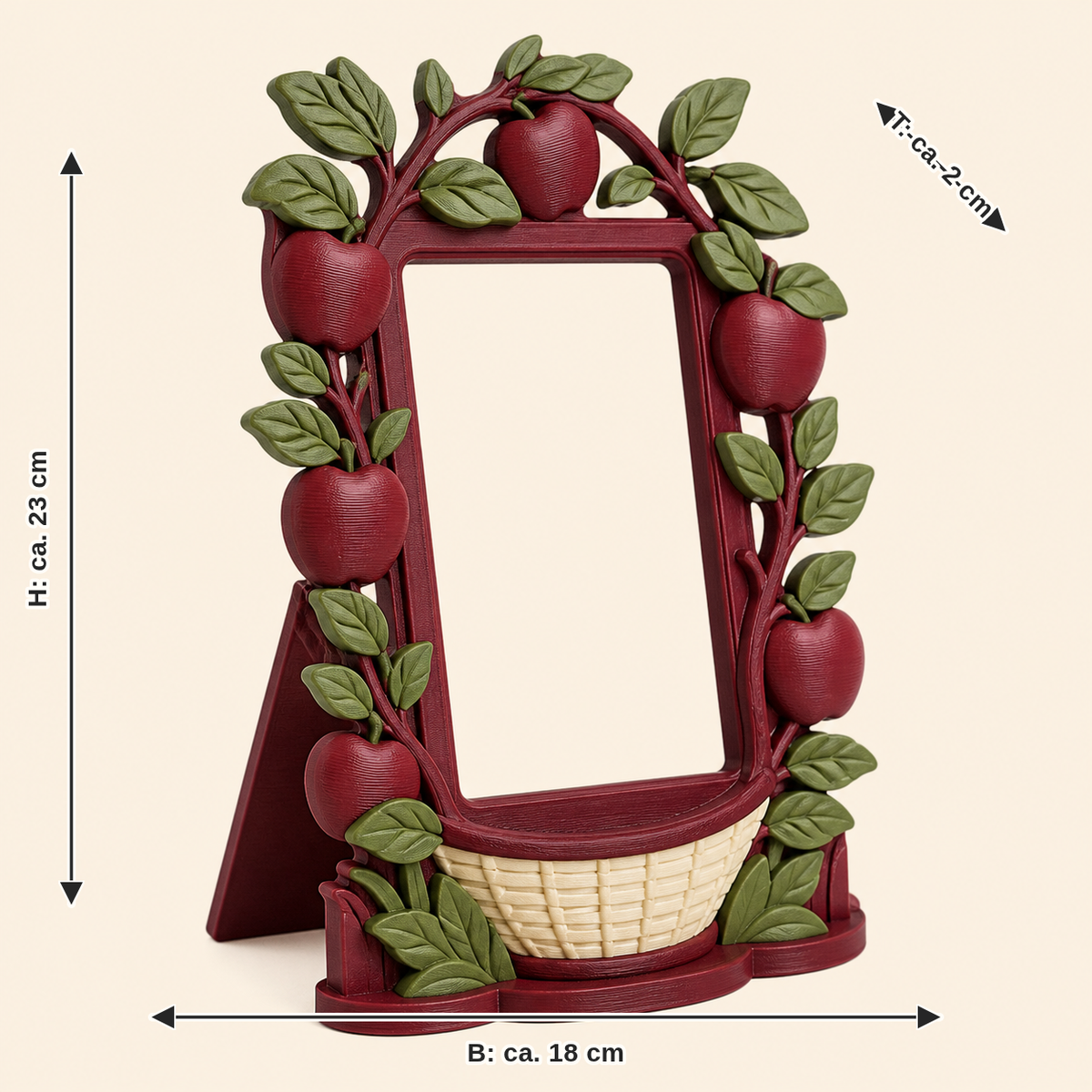Maßbild für Apfel-Bilderrahmen Apfelportal: Breite ca. 18 cm, Tiefe ca. 2 cm, Höhe ca. 23 cm