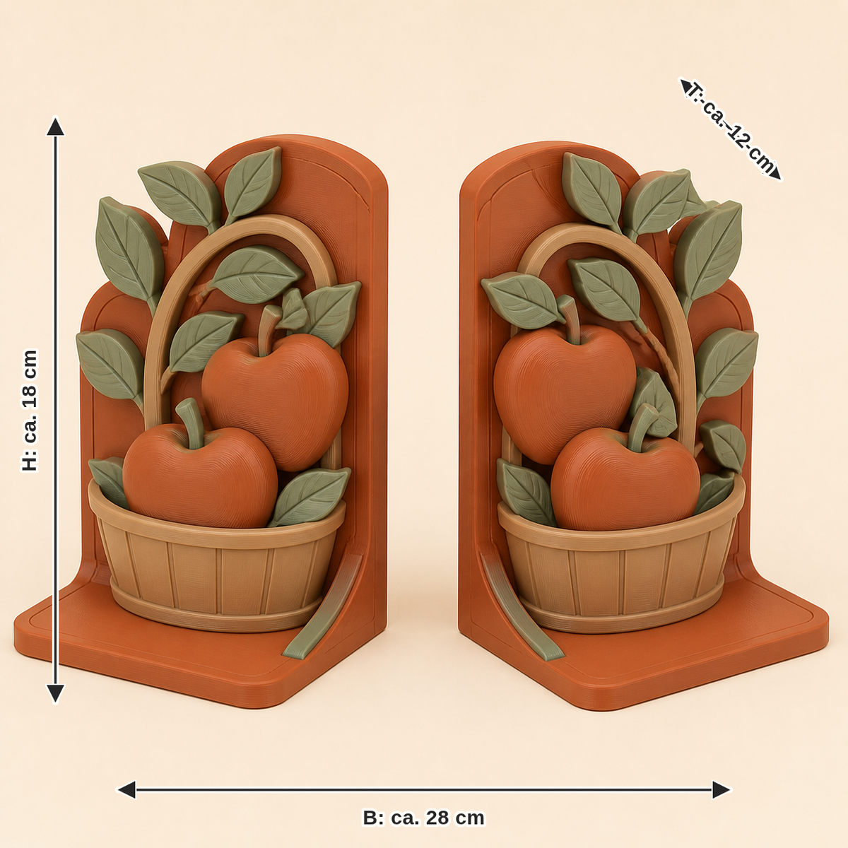 Maßbild für Apfel-Buchstützen-Paar Doppelernte: Breite ca. 28 cm, Tiefe ca. 12 cm, Höhe ca. 18 cm