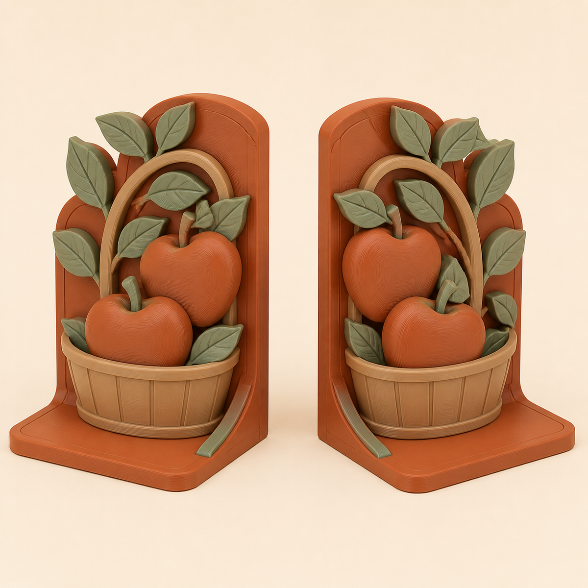 Apfel-Buchstützen-Paar Doppelernte aus 3D-gedrucktem PETG in Terrakotta, Salbeigrün, Sandbeige