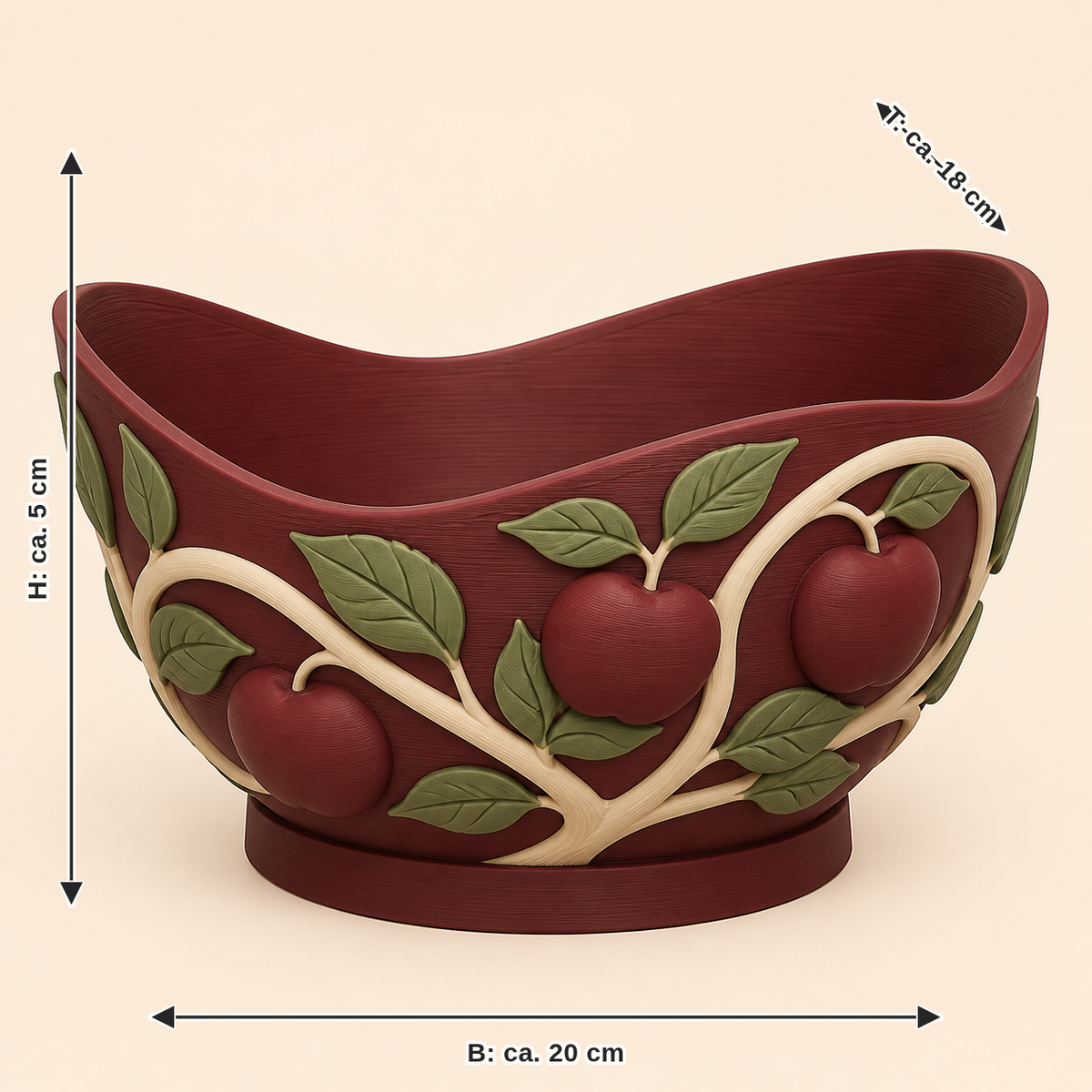 Maßbild für Apfel-Dekoschale Obstmulde: Breite ca. 20 cm, Tiefe ca. 18 cm, Höhe ca. 5 cm