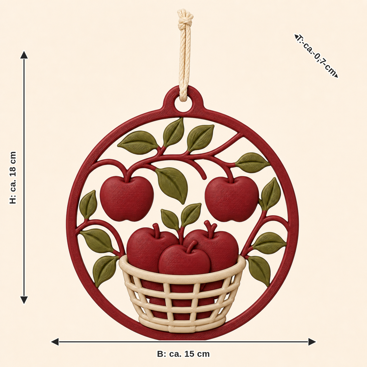 Maßbild für Apfel-Fensteranhänger Obstfenster: Breite ca. 15 cm, Tiefe ca. 0.7 cm, Höhe ca. 18 cm